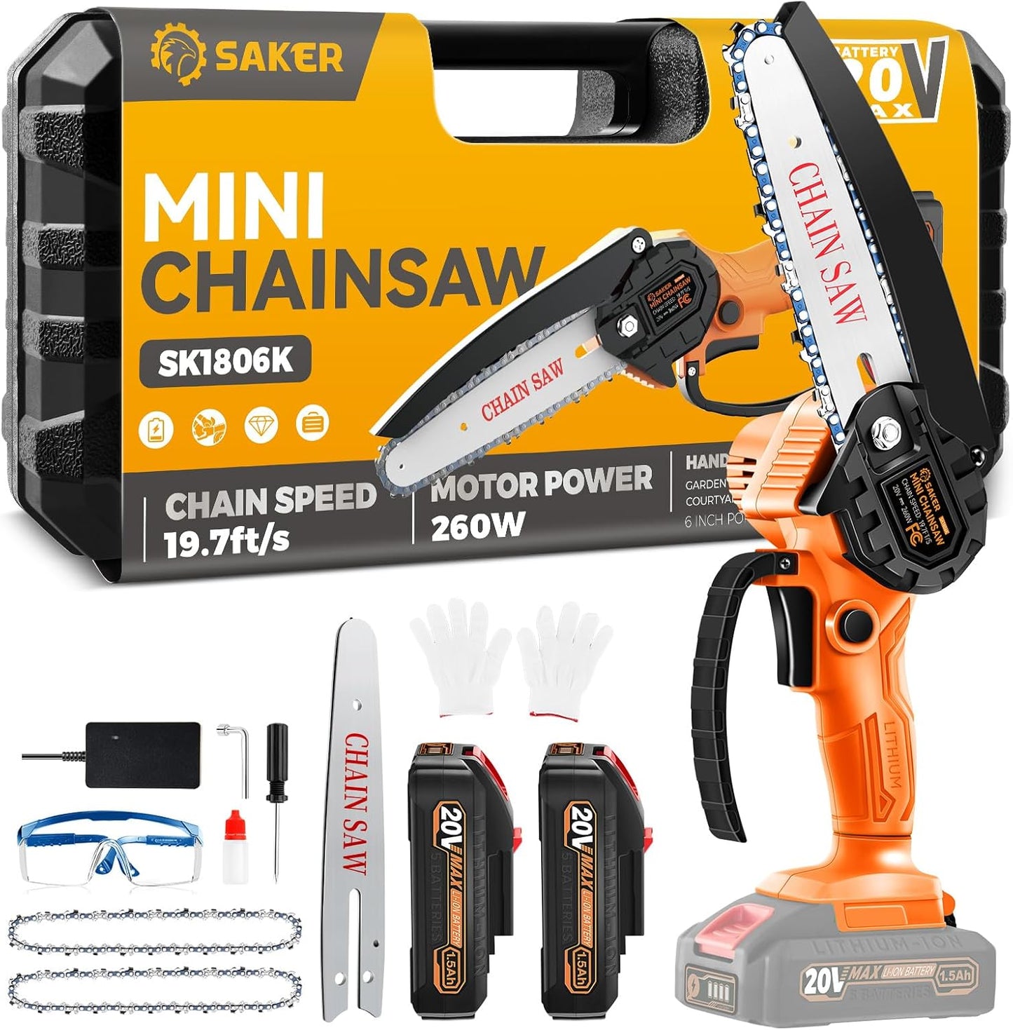 Saker Mini Chainsaw|6 Inch Chainsaw[2025 Upgraded]|Mini Cordless Electric Chain Saw|Small Handheld Portable Chainsaw Battery Powered Chain Saw for Tree Trimmer and Garden,Christmas Gifts for Men Women