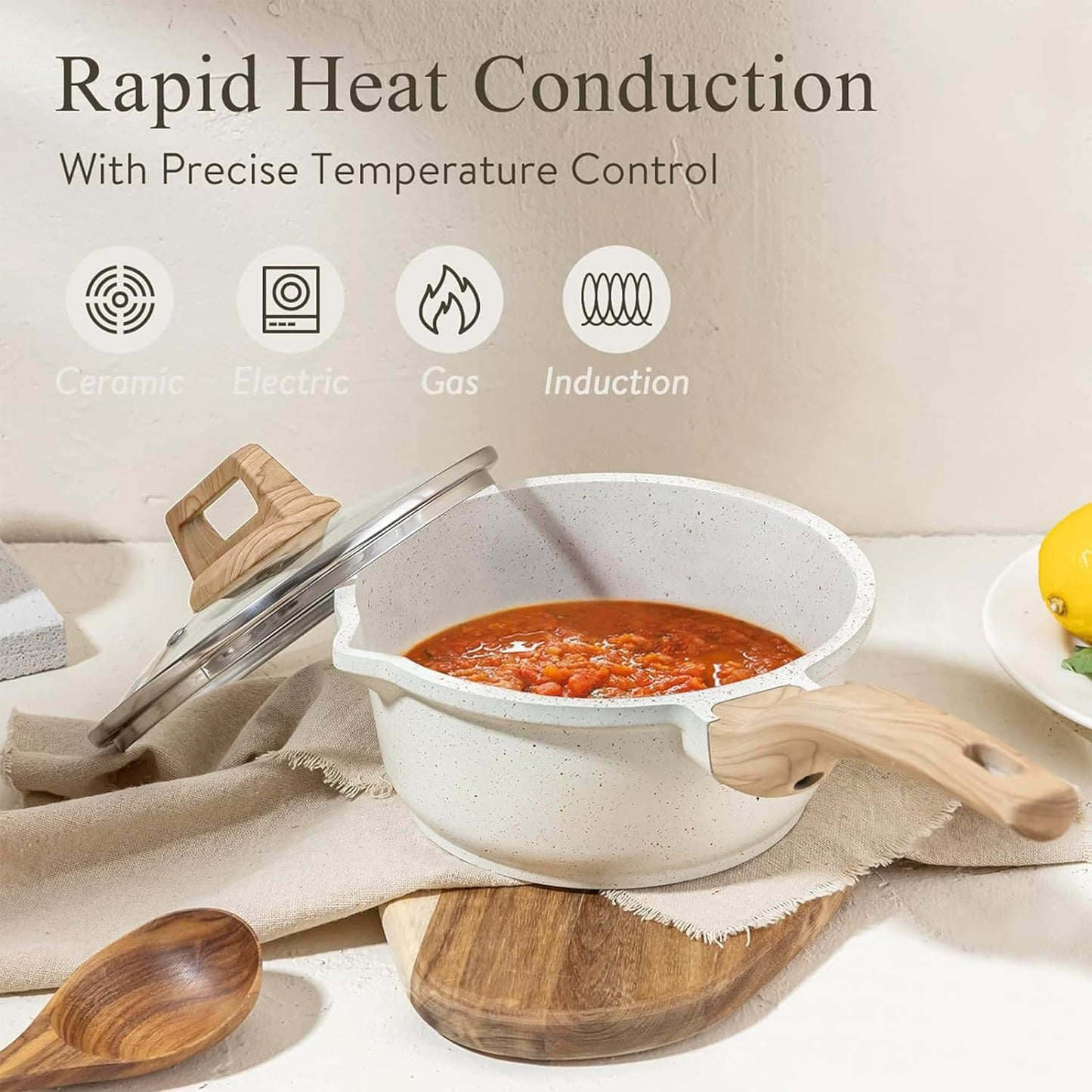 CAROTE 1.5Qt & 3.0Qt Sauce Pan Sets with Lid Cooking Pots Nonstick Saucepans Cookware Set with Pour Spout Small Kitchen Pot, Induction Comptable, Easy to Clean, PFOA FREE (White Granite)