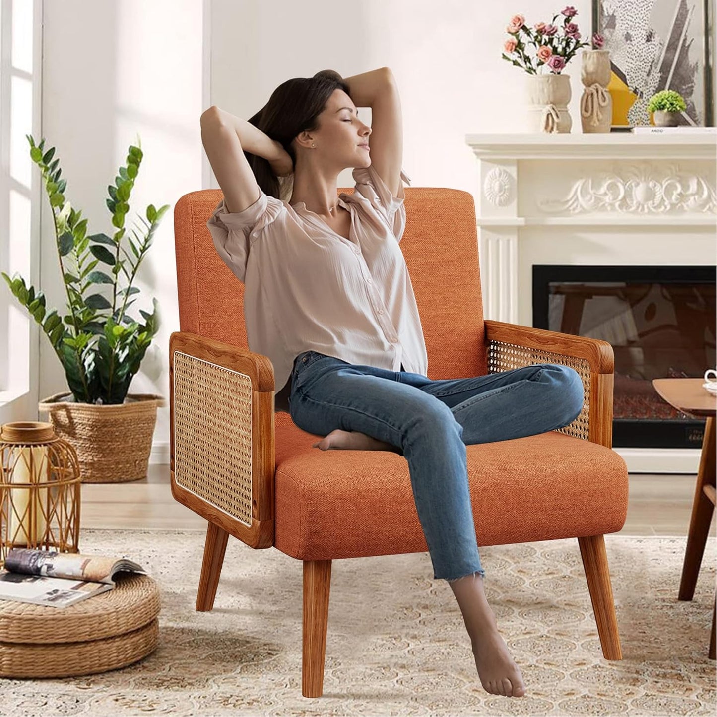 Yongqiang Orange Accent Chairs Set of 2, Natural Rattan Upholstered Arm Chairs for Bedroom Living Room Side Chairs Linen Comfy Reading Chair