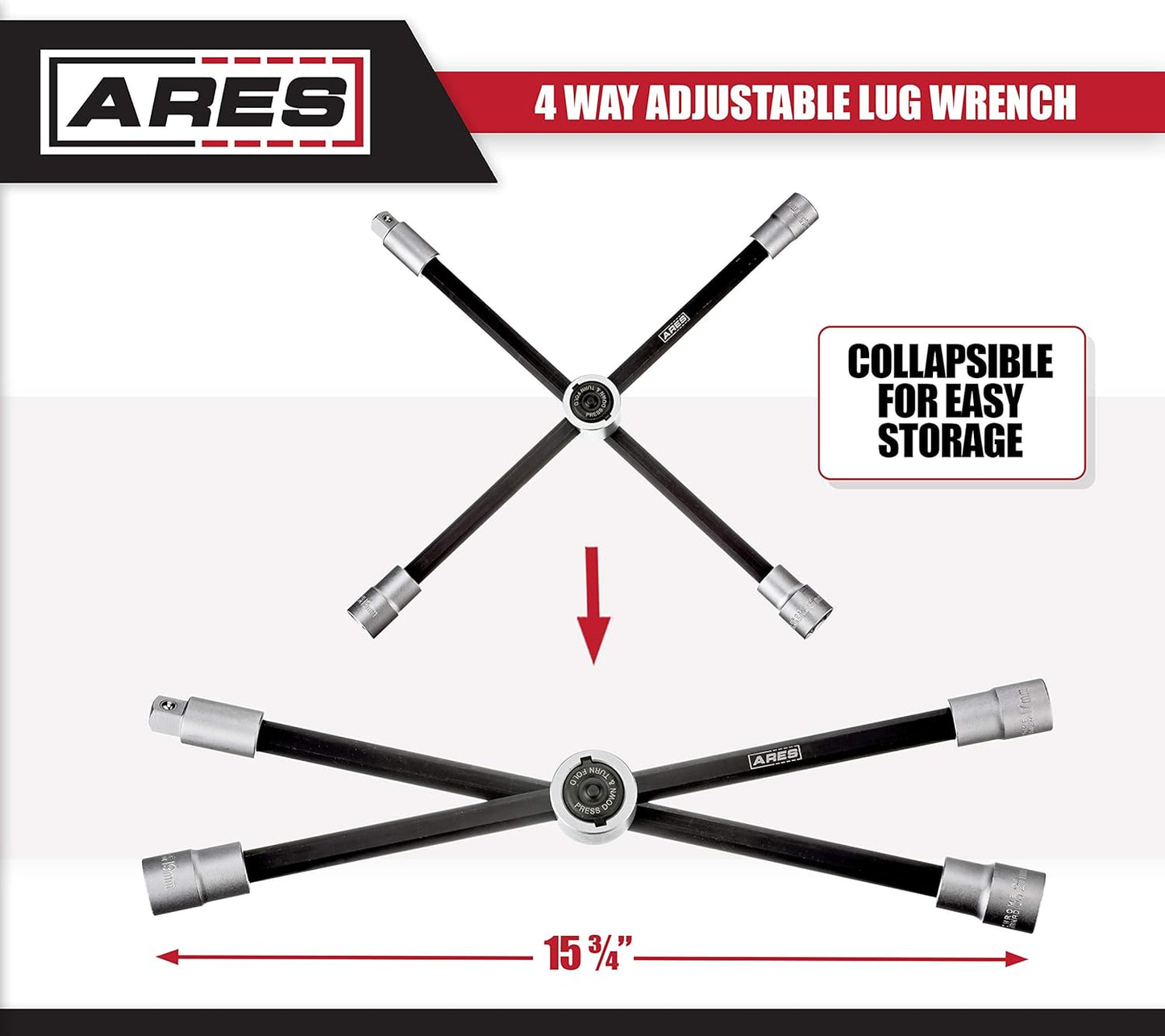ARES 70092 - 4-Way Sliding Lug Wrench - Adjustable Sliding Lug Wrench Gives Superior Leverage - Collapses for Convenient Storage
