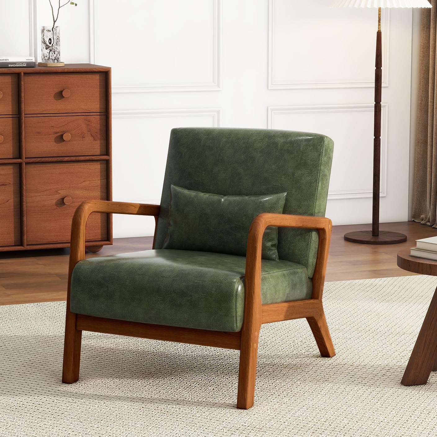 UIXE PU Leather Accent Chairs Set of 2, Upholstered Armchair for Living Room, Modern Arm Chair Comfy Single Sofa Bedroom Reading Seat with Lumbar Pillow - Hunter Green