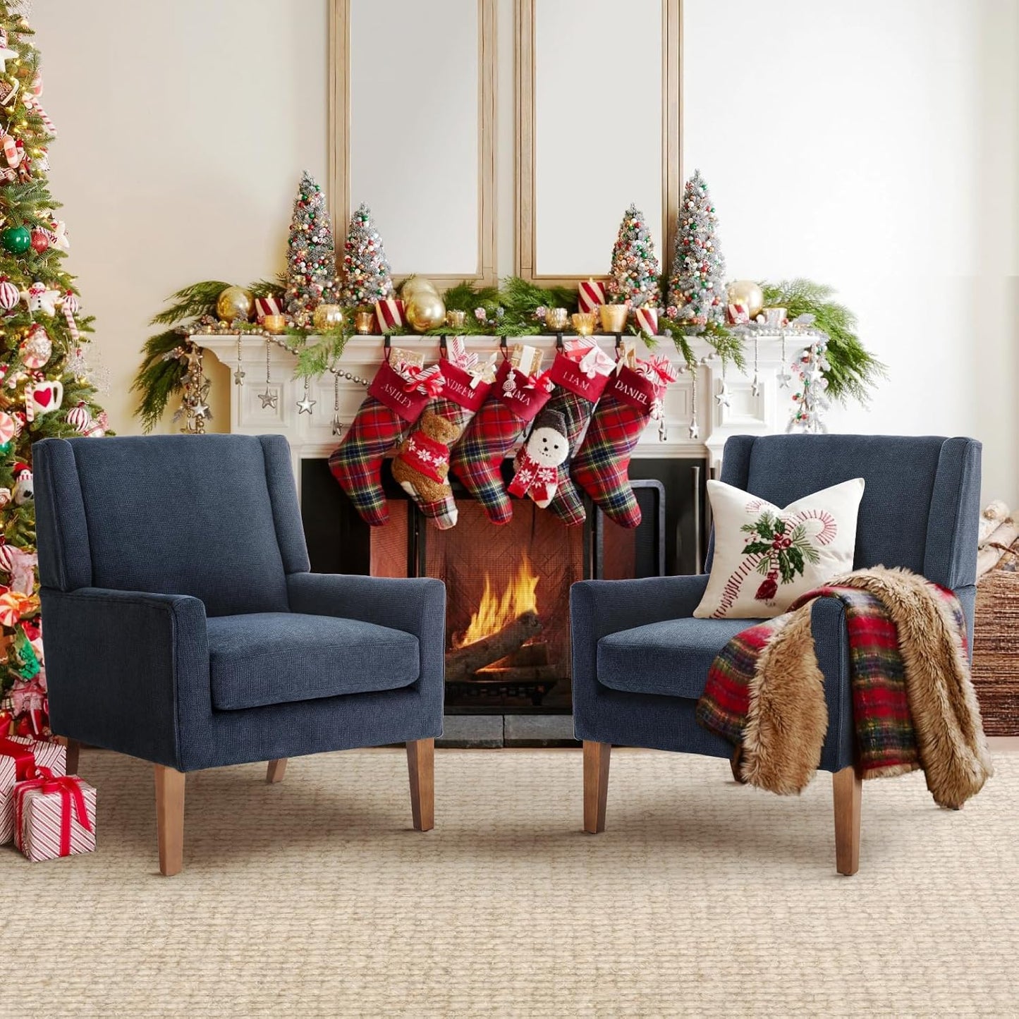 COLAMY Modern Wingback Living Room Chair Set of 2, Upholstered Fabric Accent Armchair, Single Sofa Chair with Lounge Seat and Wood Legs for Bedroom/Office/Reading Spaces, Beige