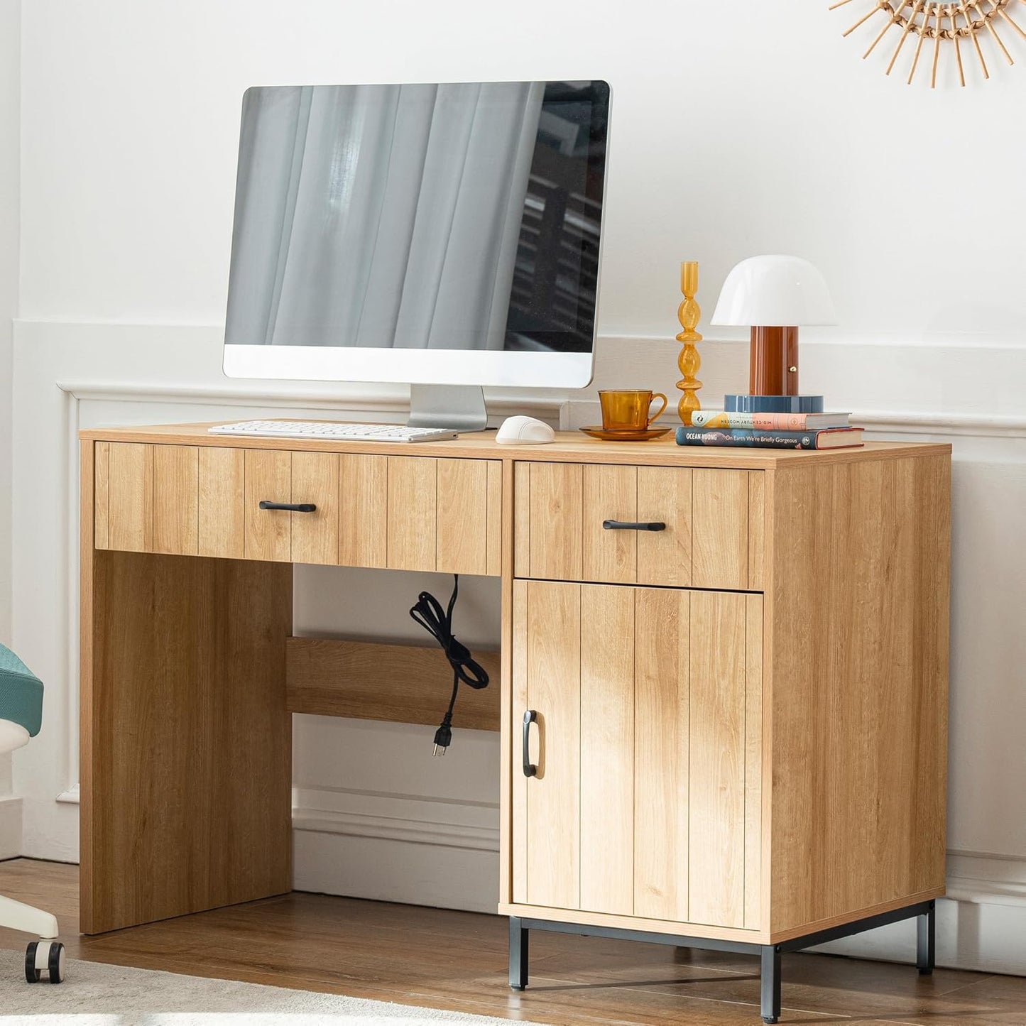 White Desk with Storage, 47 inch Farmhouse Style Desk with Drawers - 2 Drawers & File Drawer, Home Office Computer Desk with Storage Cabinet