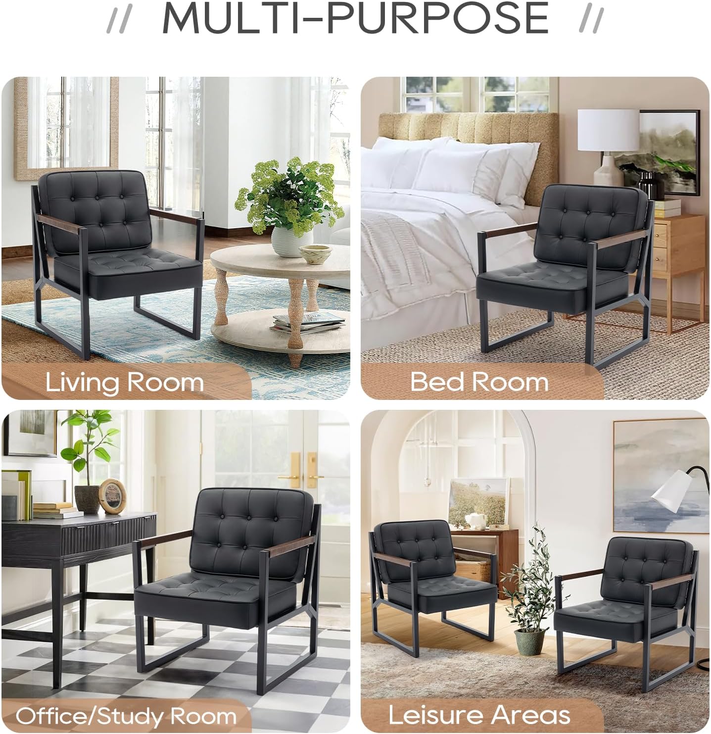 COLAMY Black Accent Chair Set of 2, Accent Arm Chair for Living Room, Comfy Leather Armchair with Metal Legs for Bedroom Reception Waiting Room