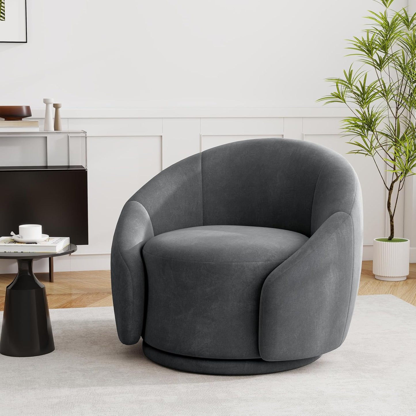 UIXE Swivel Accent Chair, Boucle Barrel Chair Upholstered Arm Chair for Living Room, Modern Round Club Chair with Turntable Base - White, Set of 1