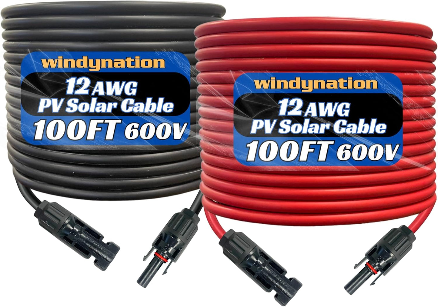 WindyNation 10 Gauge 10 AWG Pair 50 Feet Black + 50 Feet Red PV Photovoltaic Solar Panel Extension Cable Wire Solar Connectors