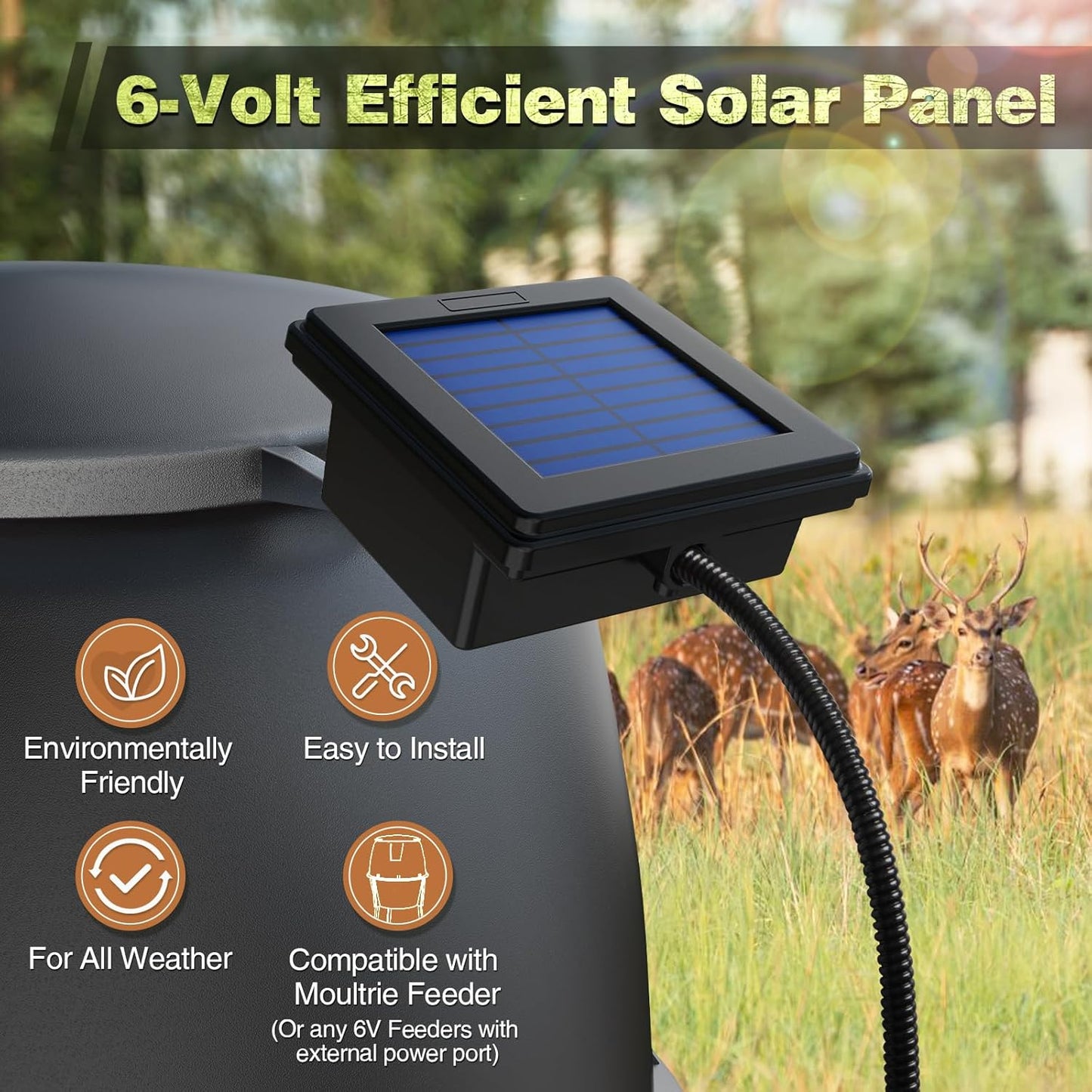 6V Deer Feeder Solar Panel, Efficient Solar Panel Charger with 5FT Weatherproof Cable & Battery Indicator, 6V Solar Panel Compatible with Deer Feeder Timer with Solar Quick Connect, Easy to Mount
