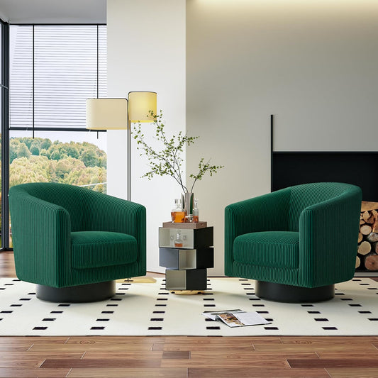 Swivel Accent Chairs Set of 2, 360° Bucket Chair, Modern Upholstered Barrel Armchair, Comfy Corduroy Single Sofa for Living Room Bedroom. Forest Green