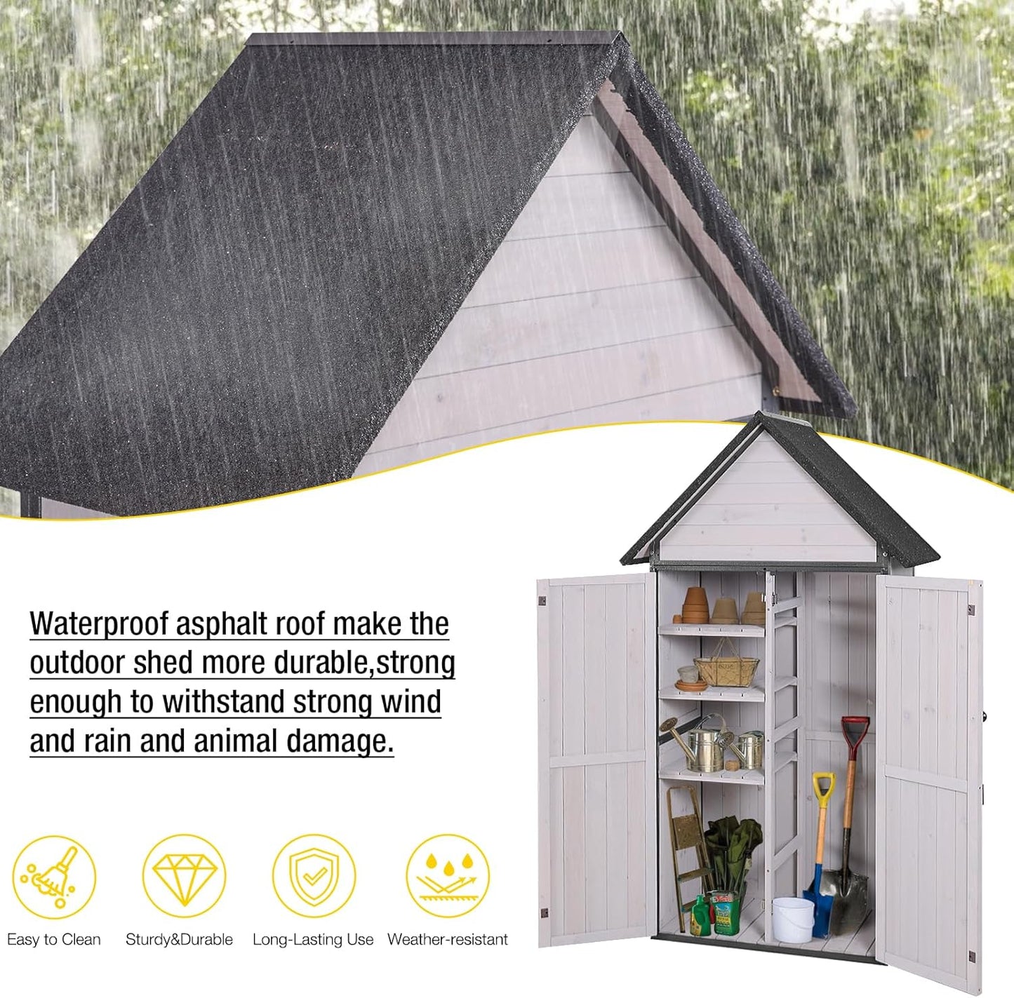 Aivituvin Storage Shed Outdoor Cabinet with All-Around Strong Metal Frame Wooden Tool House with Adjustable Shelfs and Floor,Waterproof Roof (White)