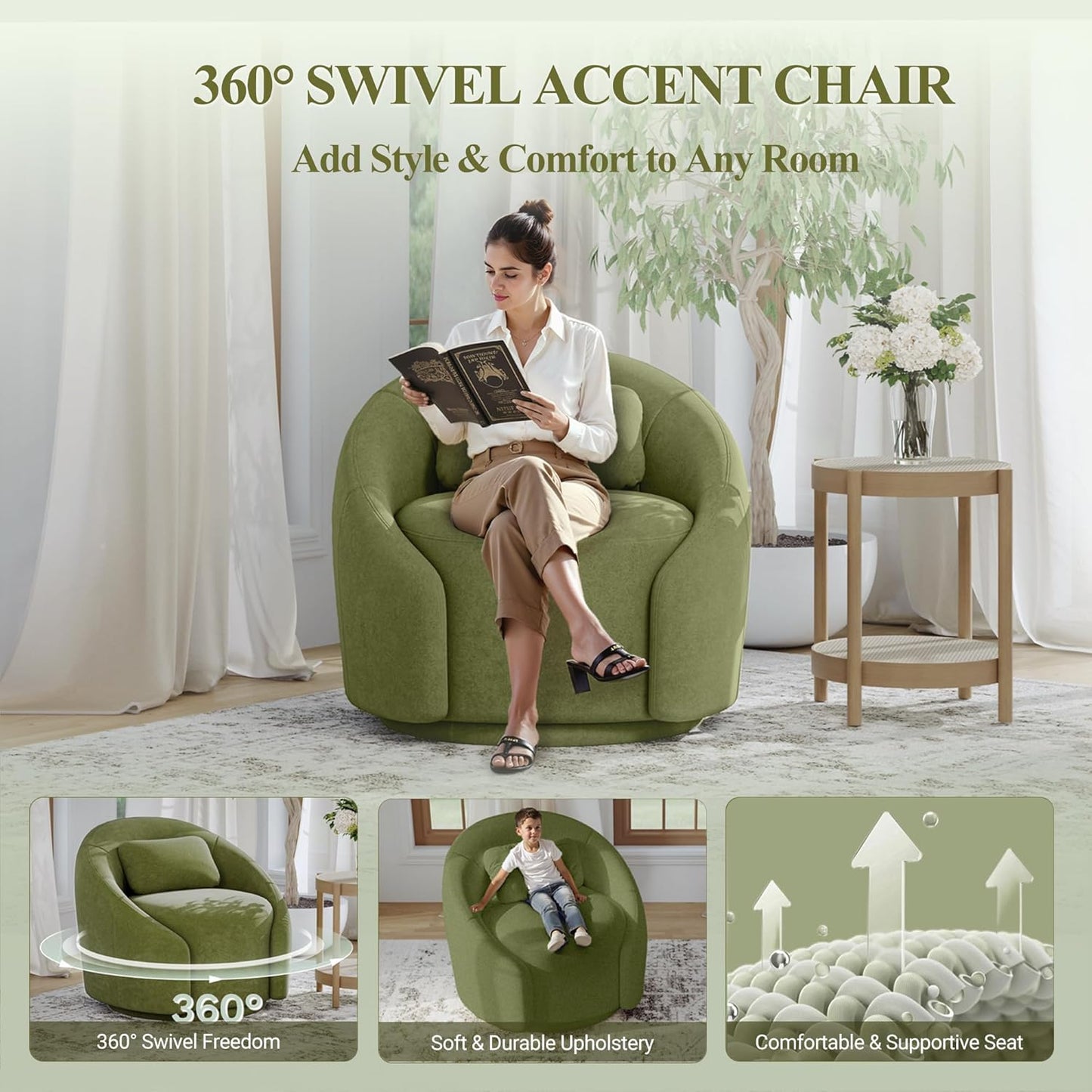 COLAMY 360°Swivel Accent Chairs, Mid-Century Modern Upholstered Chairs with Metal Base and Lumbar Pillow for Living Room, Bedroom, Home Office, 300 lbs Capacity,Green