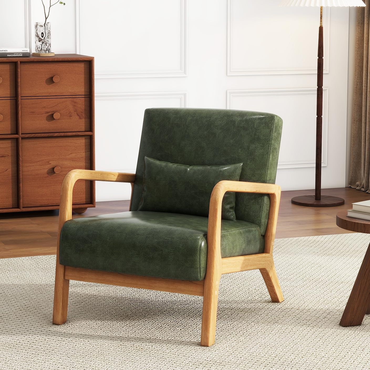 UIXE PU Leather Accent Chairs Set of 2, Upholstered Armchair for Living Room, Modern Arm Chair Comfy Single Sofa Bedroom Reading Seat with Lumbar Pillow - Hunter Green