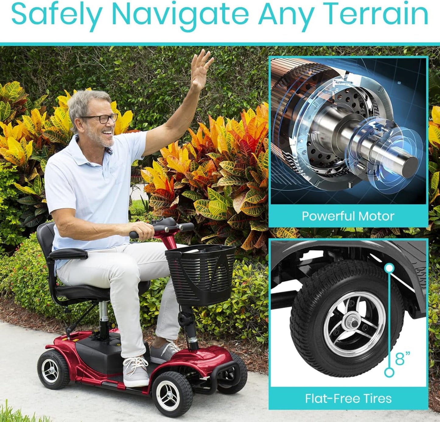 Vive 4 Wheel Mobility Scooter - Electric Powered Wheelchair Device - Compact Heavy Duty Mobile for Travel, Adults, Elderly - Long Range Power Extended Battery with Charger & Basket