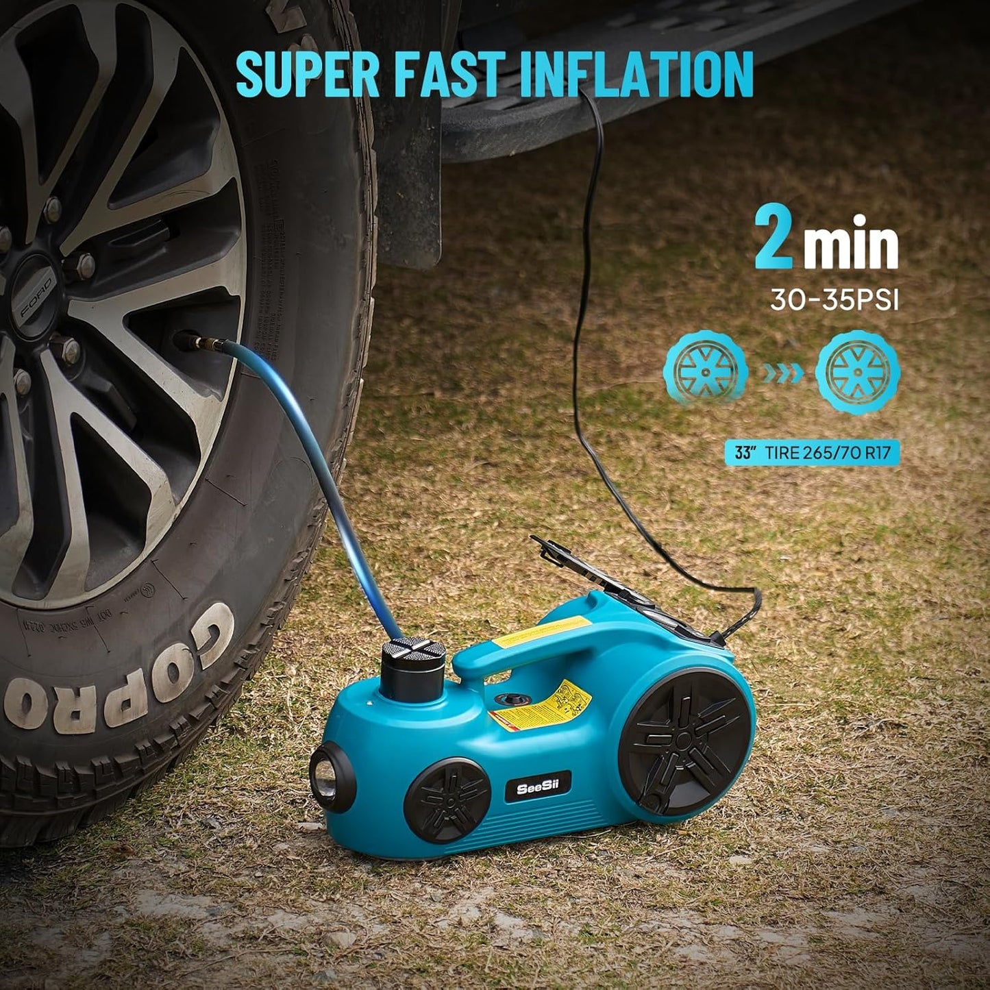 SEESII Electric Car Jack Kit 5 Ton 17.7 Inch Lift Range 3in1 car jack Hydraulic with Impact Wrench and Tire Inflator Floor Jack for SUV/Pickup/Truck/Sedan Roadside Emergency Tire Change Spare Tool Set