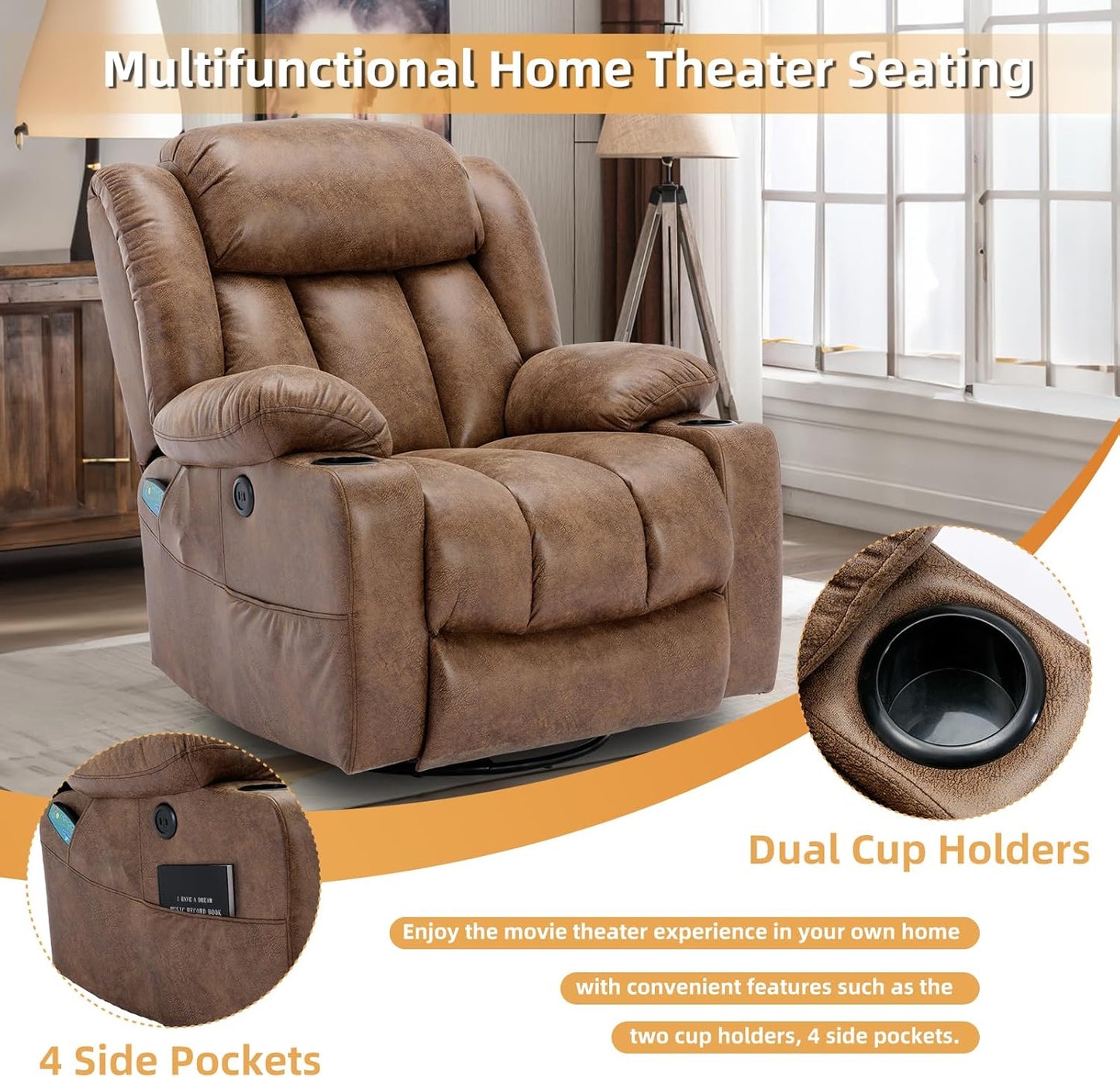 360° Swivel Glider Rocking Recliner Chair, Overstuffed Manual Massage Recliner with Heat and Vibration, Single Modern Sofa Home Theater Seating for Living Room, USB Ports/Cup Holders (Brown)
