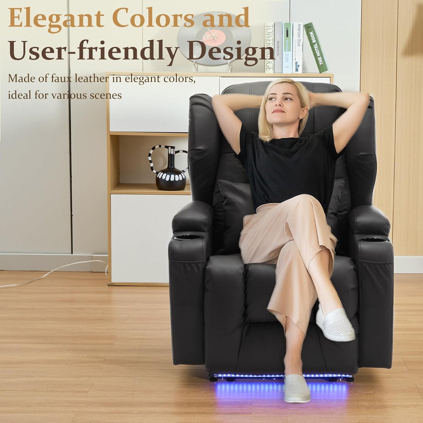 URRED Recliner Chair for Adults, Power Reclining Sofa Chair Home Theater Seating with Vibration Massage and Heat, LED Ambient Light, USB Ports, Cup Holders, Side Pockets (Black)