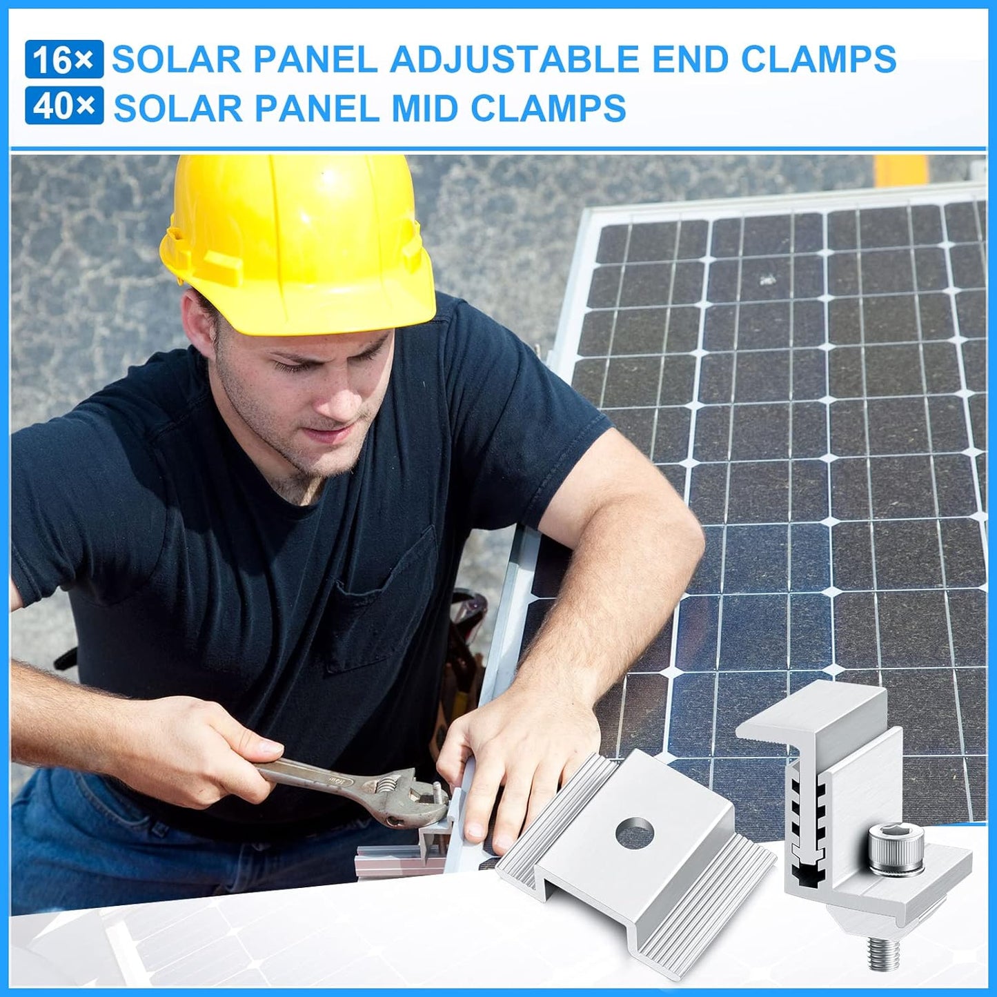 1.06 Inch Solar Panel Bracket Aluminum Solar Mid Clam with Mounting Brackets 32-50 mm Clamps Adjustable End Panel Clamps(56 Pieces)