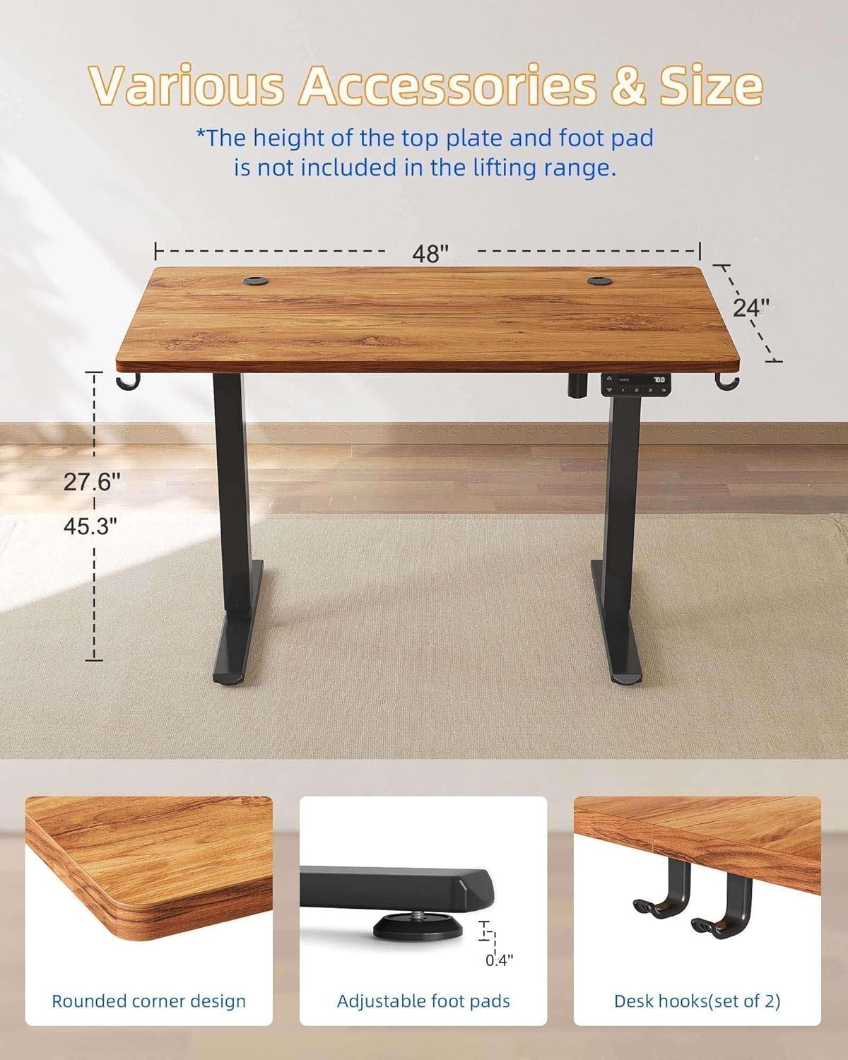 YIHAYO Electric Standing Desk, 48 x 24 Inches Stand Up Desk with Splice Board, Adjustable Height Desk, Computer Desk for Home Office, Black Frame/Rustic Brown Top