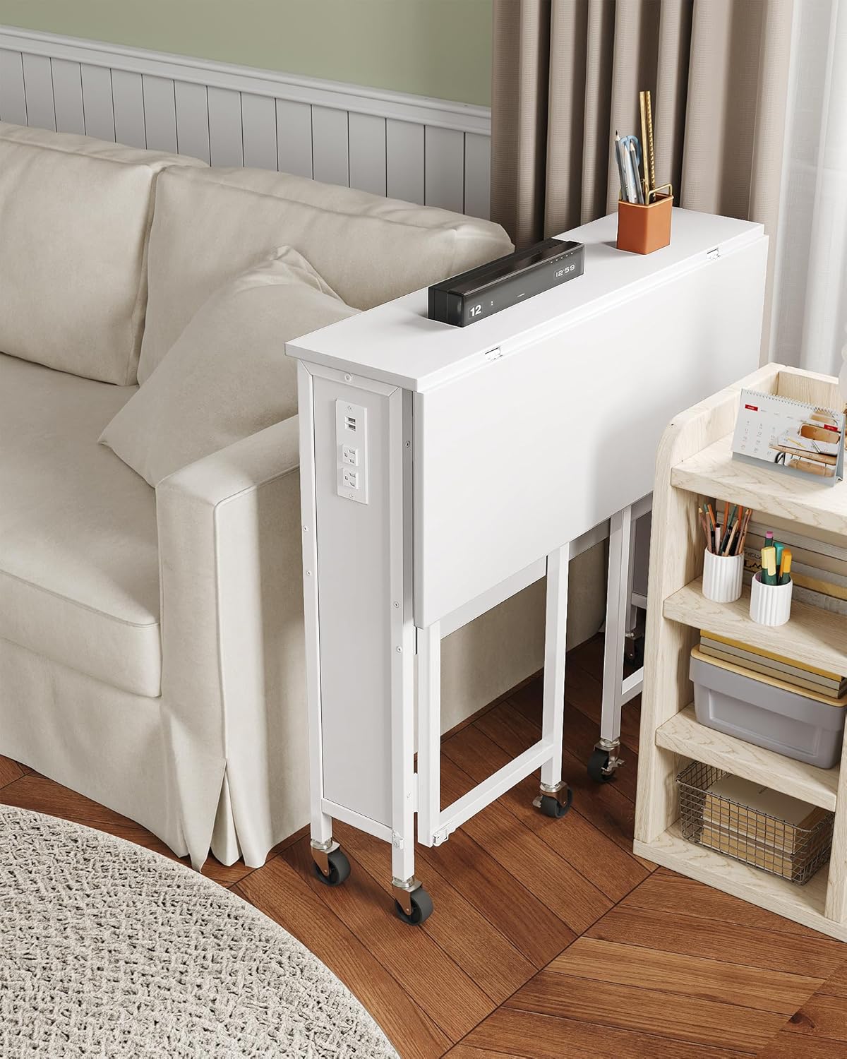 31.5" Modern White Folding Computer Desk with Power Outlets, Wheels, Storage, Perfect for Small Spaces White TDN01UWB