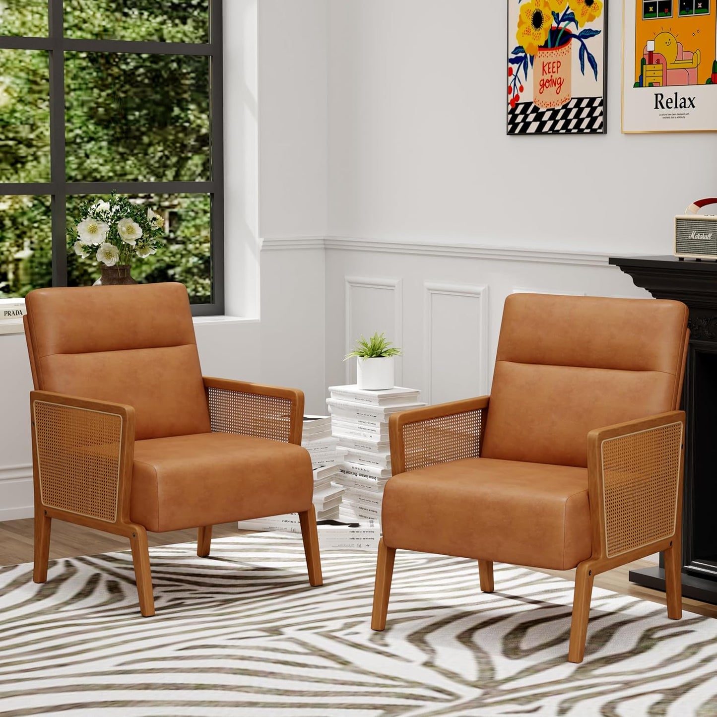 Yongchuang Beige Accent Chairs Set of 2 Upholstered Living Room Chairs with Natural Rattan Arm, Modern Faux Leather Arm Chairs for Bedroom Club Reception