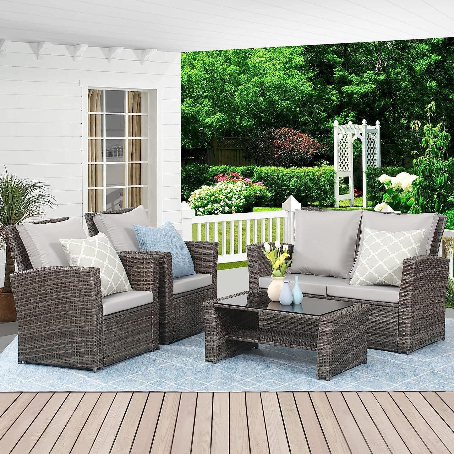 Wisteria Lane 4 Piece Patio Furniture Set, Wicker Outdoor Patio Conversation Furniture Set, All Weather Outdoor Patio Sofa with Cushion and Glass Table, Brown