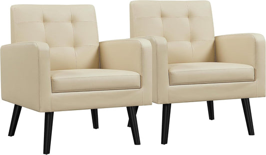 Topeakmart Mid Century Accent Chair, Modern and Cozy PU Leather Barrel Sofa Chair with Thick Cushion and Sturdy Wood Legs for Living Room/Bed Room/Office Waiting Area Beige 2PCS