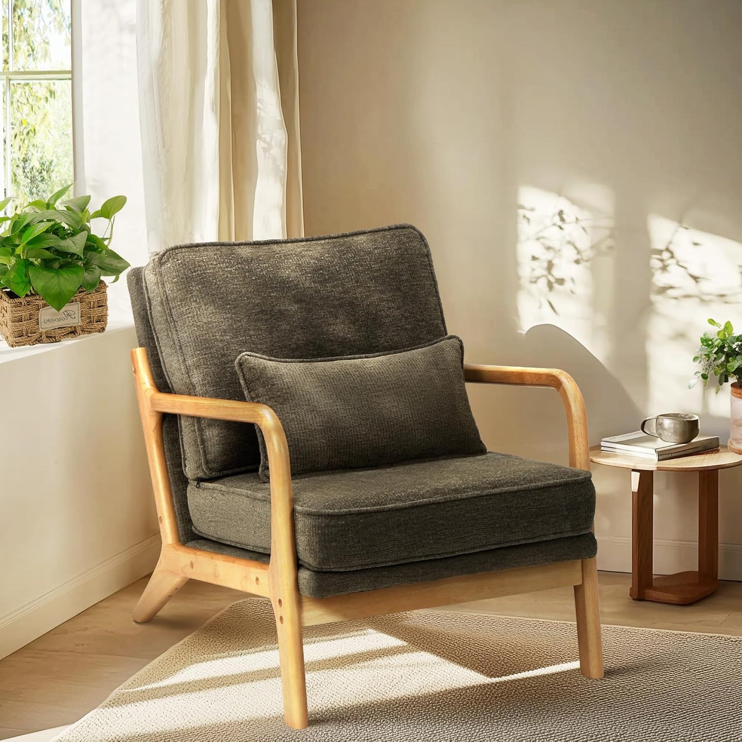 COLAMY Mid Century Modern Accent Chair Set of 2 with Lumbar Pillow, Relaxing Armchair with Solid Wood Frame & Soft Cushion, Reading Leisure Chair for Living Room（Beige）