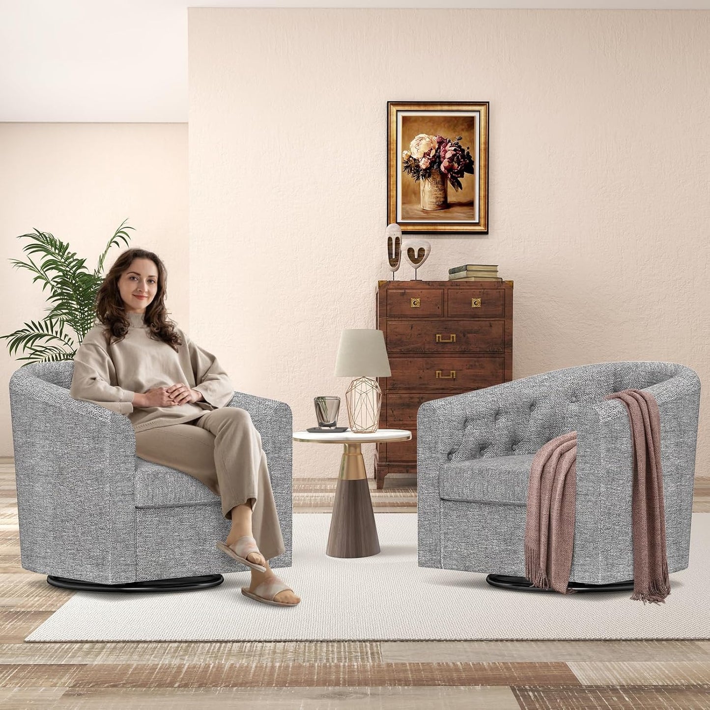 Simore Faux Leather Swivel Barrel Accent Chair Set of 2 for Living Room Bedroom, Comfy Modern Round Swivel Chair with Removable Pillow, Dark Brown