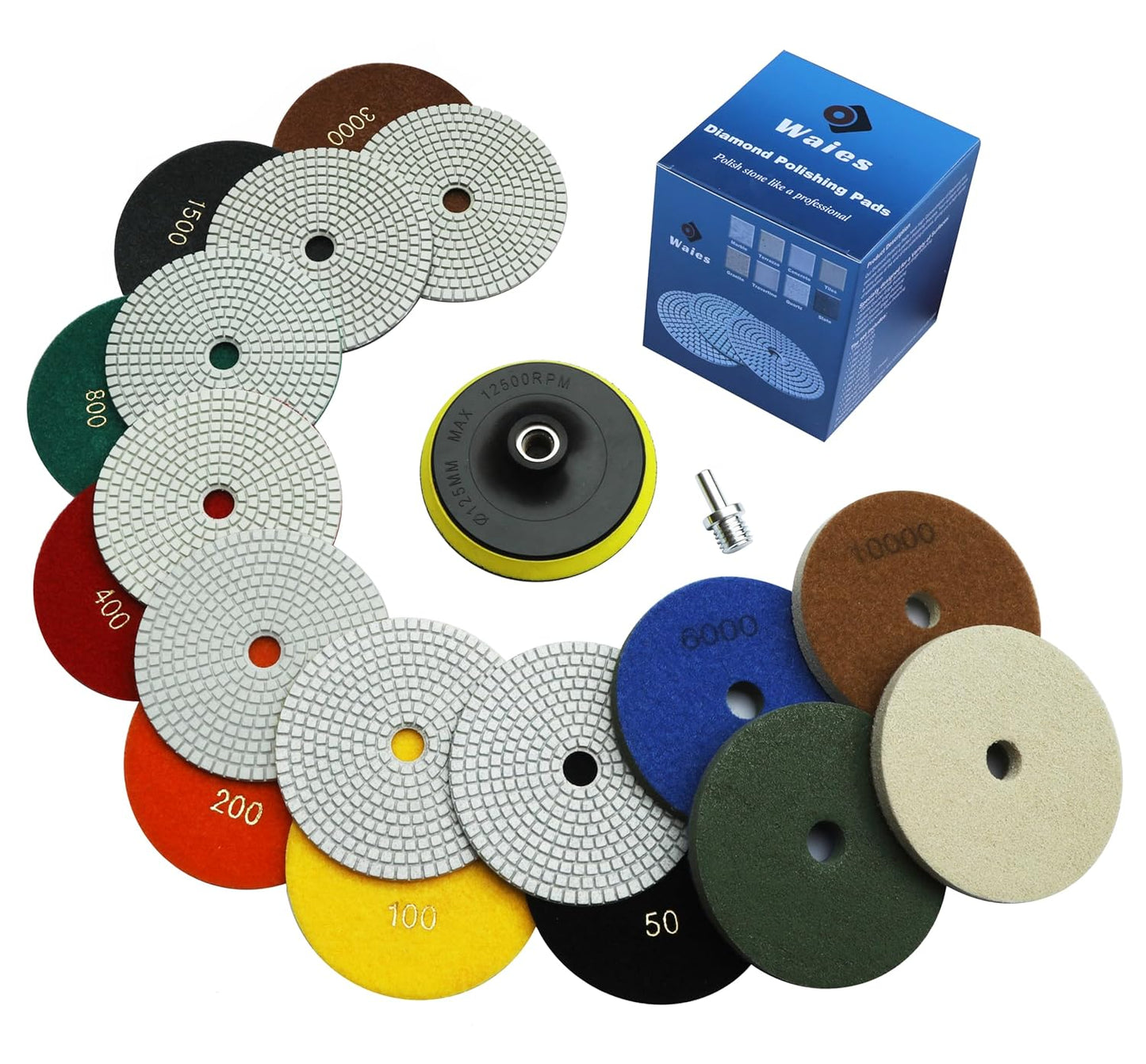 11 Packs 7 Inch Diamond Polishing Pads with 5/8"-11 Backer Pad 9 PCS Wet/Dry Polish Pad Kit for Drill Grinder Polisher 50-10000 Grit Pads for Marble Tile Quartz Granite Concrete Countertop
