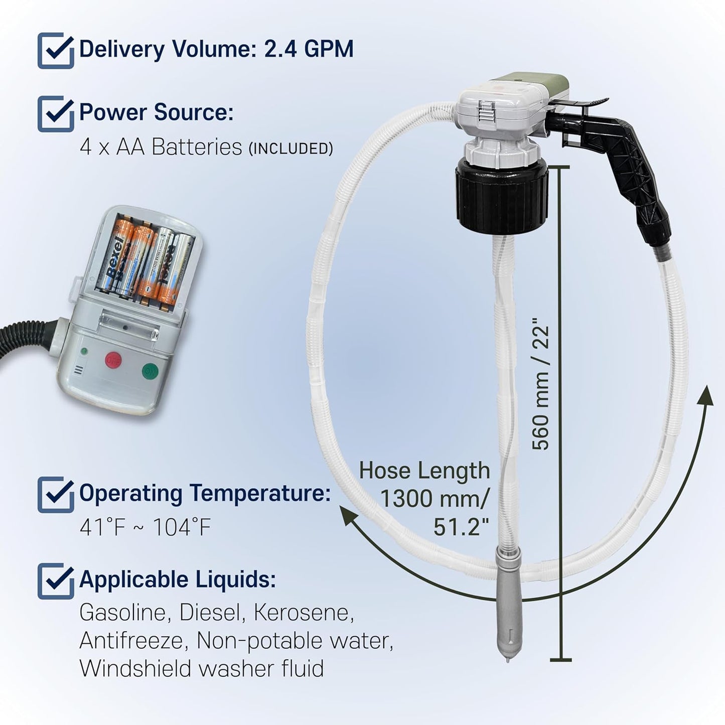 [LITE DELIGHT] Transfer Pump w/Auto-Stop Overfill Protection for Fuel, Water & More, 2.4 GPM, AA Battery Included, Ergonomic Nozzle, Universal & VP Racing Can Adapters, 51” Hose, PLUS a Manual Siphon