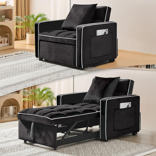 3 in 1 Single Convertible Sleeper Sofa Chair, 35.4" Pull Out Sofa Bed with Adjustable Backrest, Modern Chaise Lounge with Storage, Sleeper Chair Bed with Pillow for Living Room (1, Black)