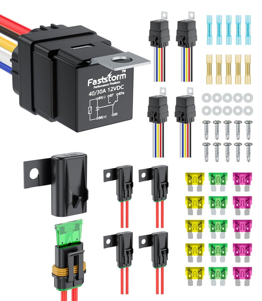 5 Pack 5-Pin Waterproof Relay Kit 40/30 AMP 12V Relay Switch with Harness Heavy Duty 12&16 AWG Tinned Copper Wires with 5x20A/30A/40A Inline Fuse SPDT for Automotive Car Marine Boat