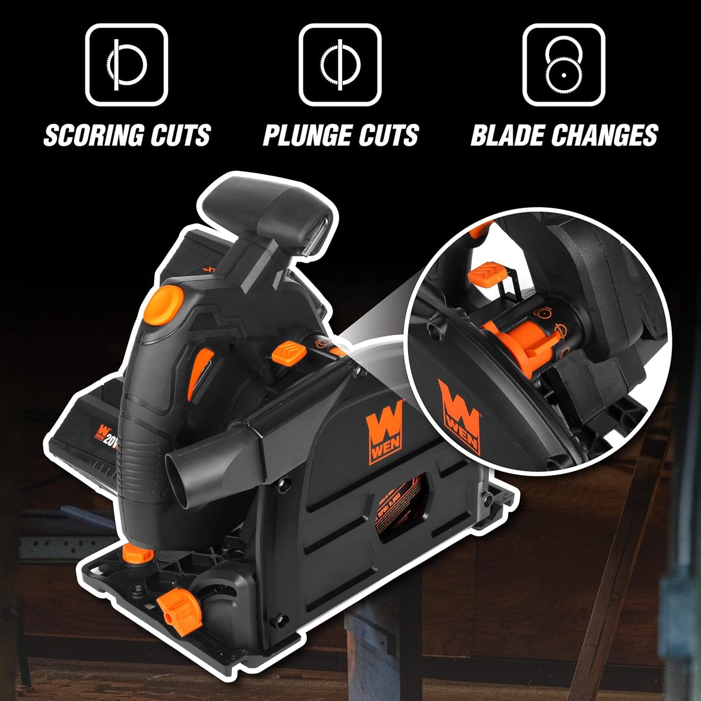 WEN Cordless 6.5-Inch Track Saw, Brushless with Variable Speed, Two 20V Max 4.0 Ah Batteries, and Charger (20691)