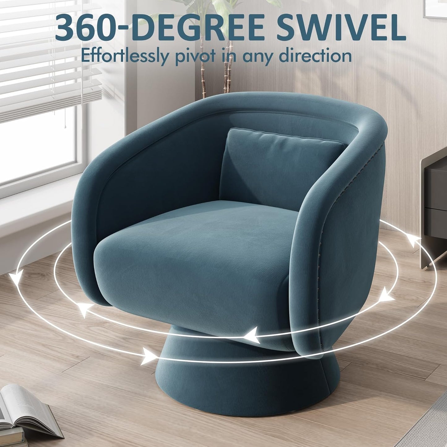 RoyalCraft Swivel Barrel Chair?360 Degree Swivel Accent Chair, Modern Round Chair with Pillow, Comfy Fabric Living Room Chairs for Bedroom, Office, Blue