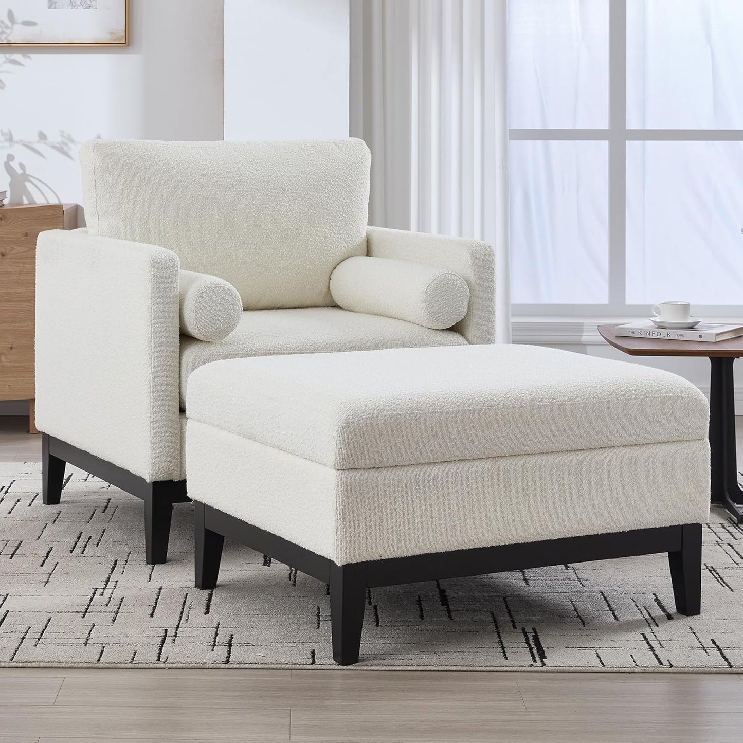 Yowan&Sillan 35.4" Wide Large Armchair Oversized Accent Chair,Modern Boucle Comfy Living Room Bedroom Reading Chairs Single Sofa,Black Wood Leg,Chairs for Lounge,Study,Office,Reception,Black