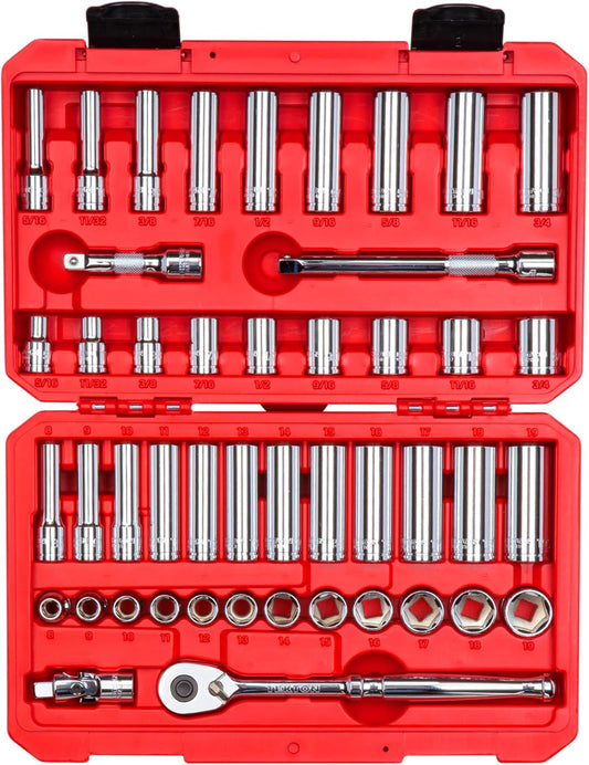 TEKTON 3/8 Inch Drive 6-Point Socket and Ratchet Set, 46-Piece (5/16-3/4 in., 8-19 mm) | SKT15301