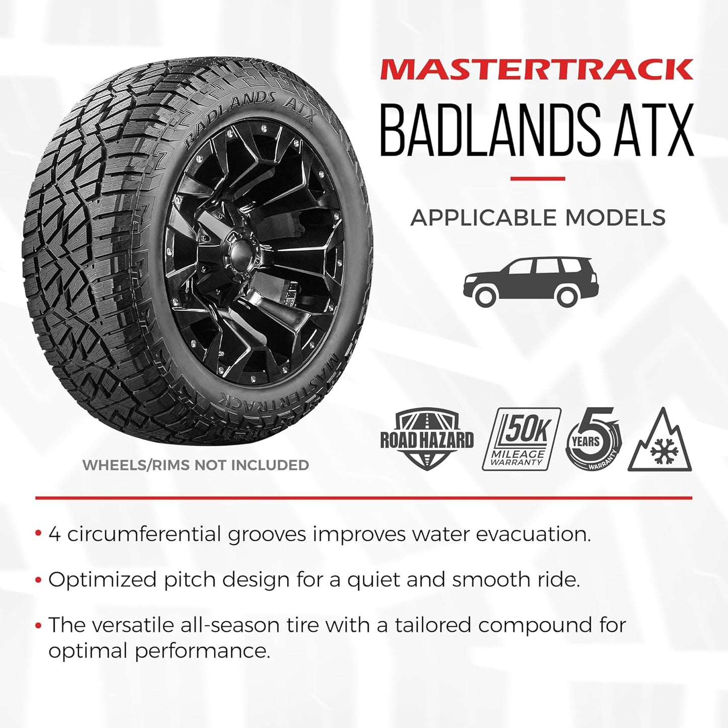 Set of 4 (FOUR) Mastertrack BADLANDS ATX 225/65R17 102H All-Season All-Terrain SUV Tire 225/65/17-Includes Road Hazard & 5-Year Warranty (Tire Only)