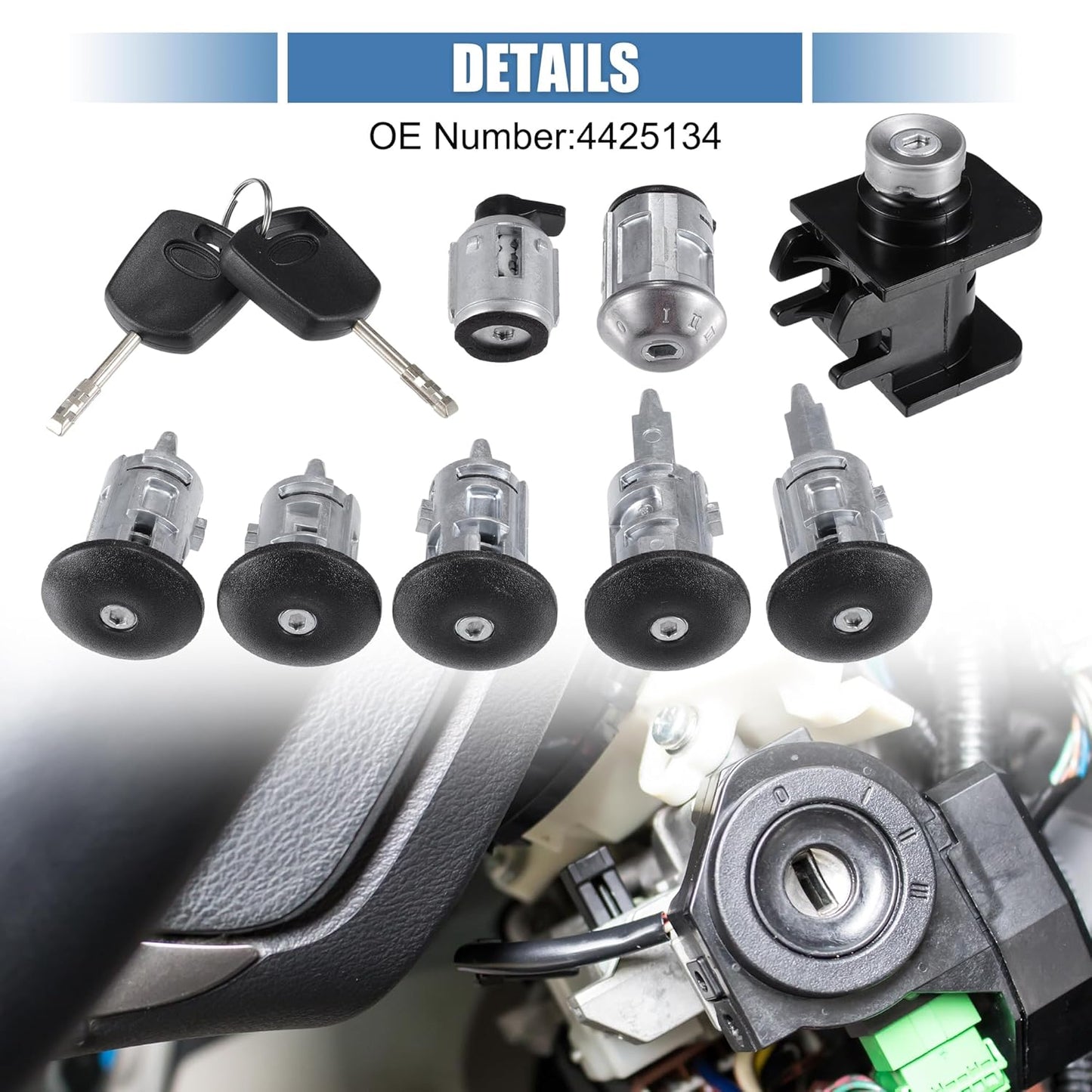 X AUTOHAUX Car Door Lock Cylinder Key Kit No.4425134 Ignition Switch Lock Cylinder Assembly Starter Cylinder Replacement for Ford Transit Connect 2002-2012