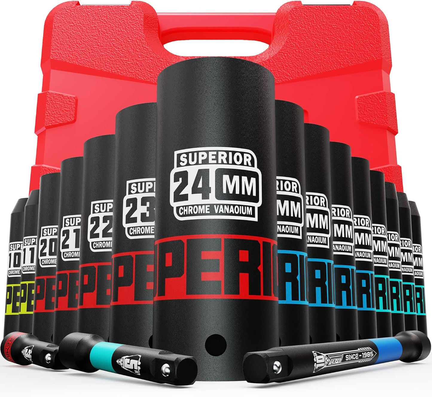 9 Piece 1" Drive Deep Impact Socket Set, 1 Inch - 2 Inch, SAE, 6-Point Design, Heavy Duty CR-MO, Truck Tire Service, Mechanical Equipment Maintance