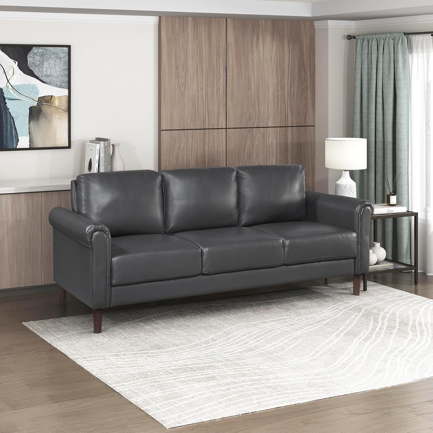 Lexicon 35" W Living Room Accent Chair, Faux Leather Upholstered Armchair with Rolled Arm for Bedroom/Office/Waiting Room, Single Sofa Chair, Chocolate