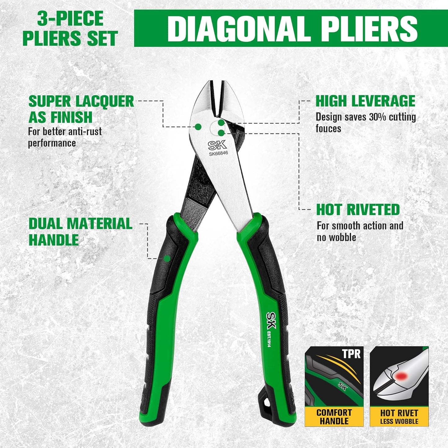 SK 3-Piece Pliers Set, 9.5-Inch Linesman, 8-Inch Diagonal & Needle Nose Pliers, Premium CR-V Construction, Ergonomic Anti-slip Handle, with Rolling Pouch