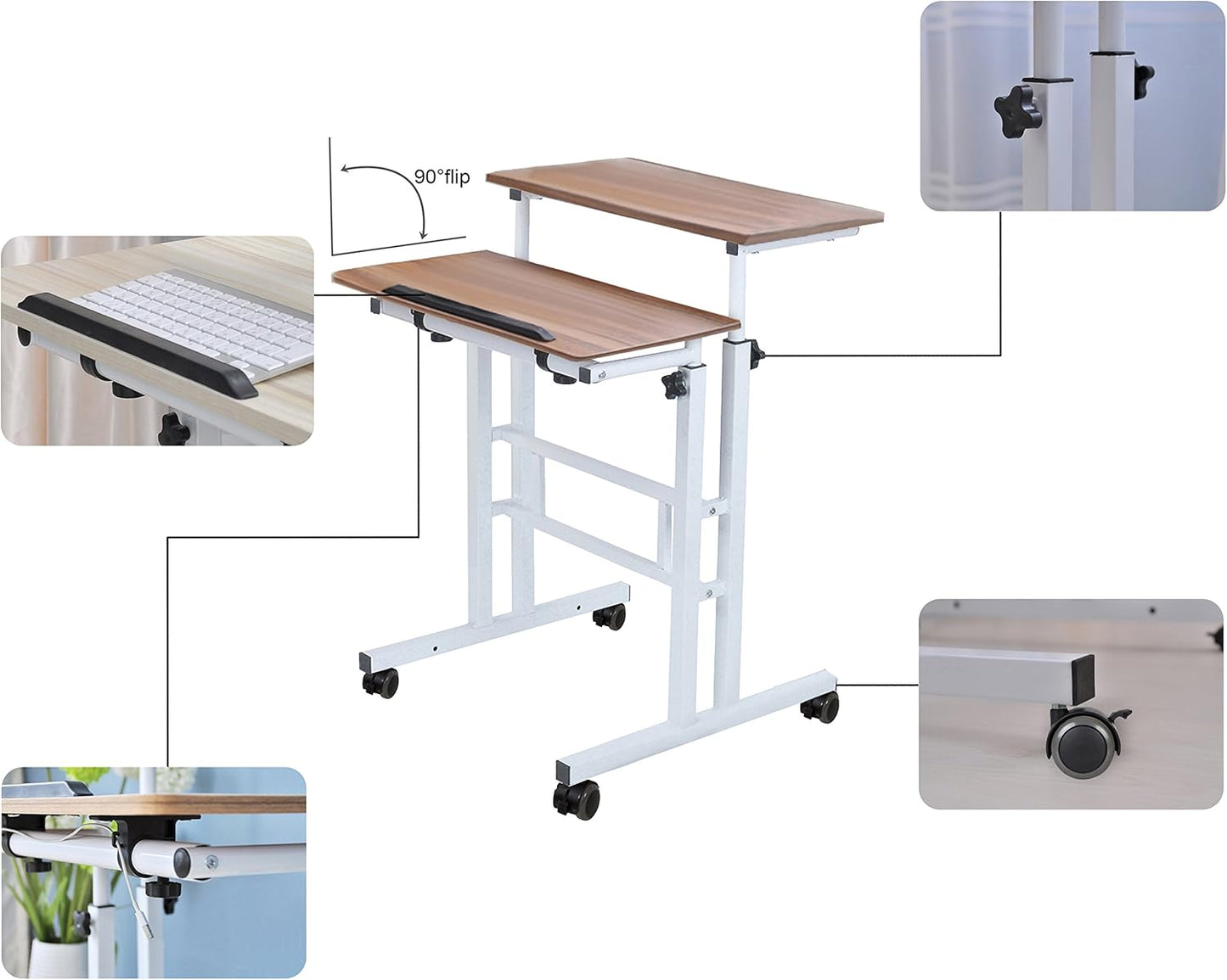 SDADI 2 Inches Carpet Wheels Mobile Standing Desk Stand Up Desk Height Adjustable Home Office Desk with Standing and Seating 2 Modes 3.0 Edition, Dark Grain S001WFDT