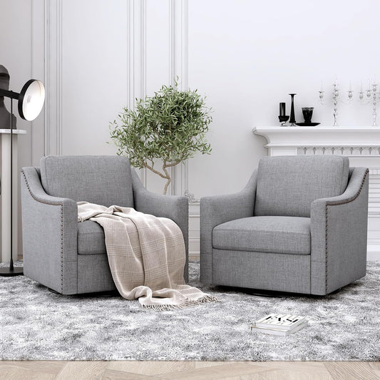 Swivel Barrel Chair Set of 2, Oversized Swivel Accent Chair with Comfy Back Pillow, Modern Upholstered Reading Lounge Chairs for Living Room Bedroom Office Club, Light Grey Linen