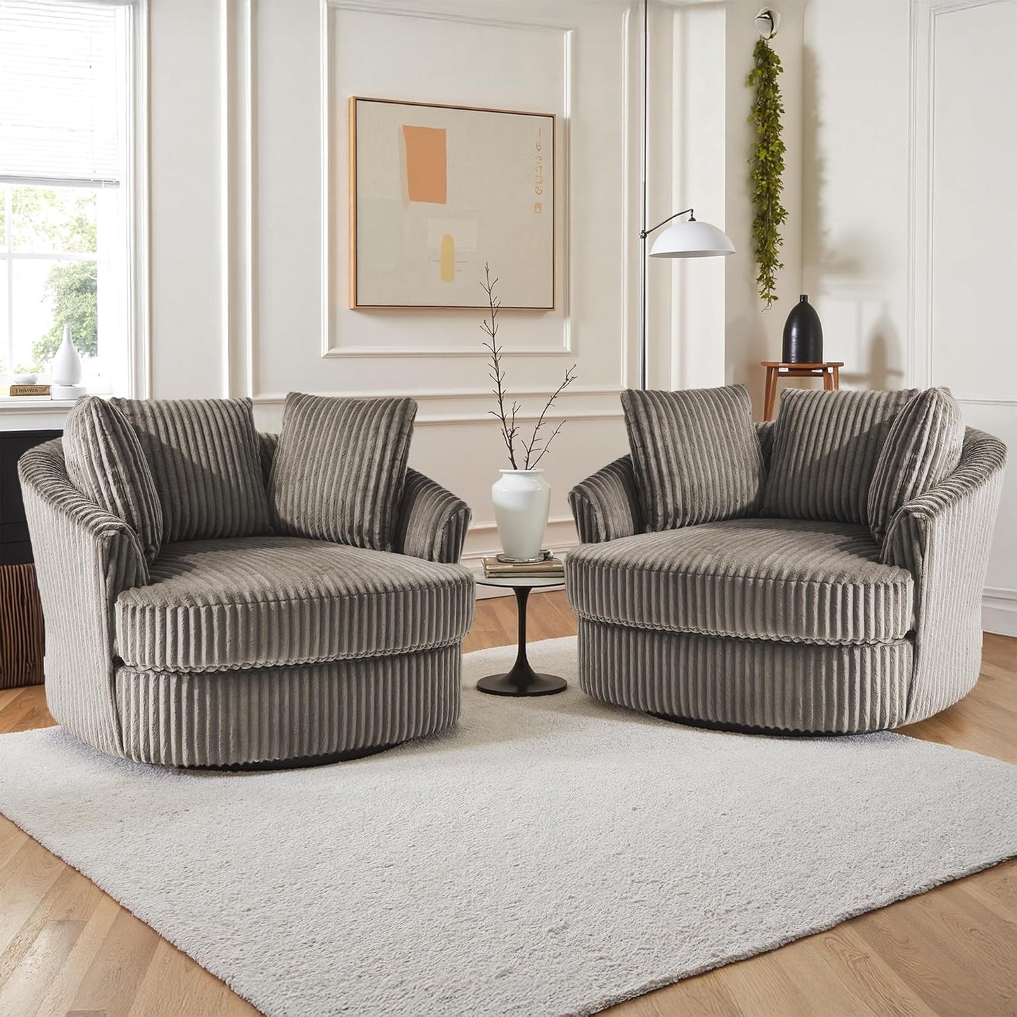 UIXE 43" W Oversized Swivel Accent Chair, Faux Fur Round Barrel Chair Comfy Upholstered Armchair for Living Room, Chaise Lounge Indoor Single Sofa Reading Seat - Dark Camel