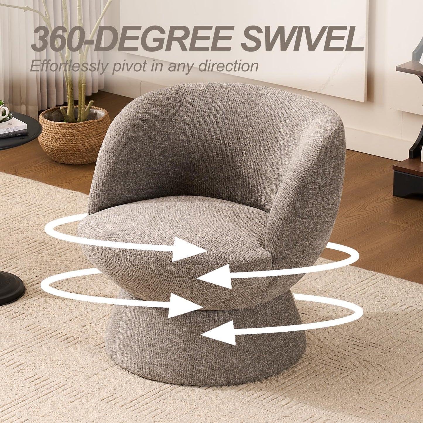 360° Swivel Accent Chair, Upholstered Modern Lounge Sofa with Curved Hemming Arms, Barrel Vanity Chair for Living Room Bedroom and Dressing Room (Gray)