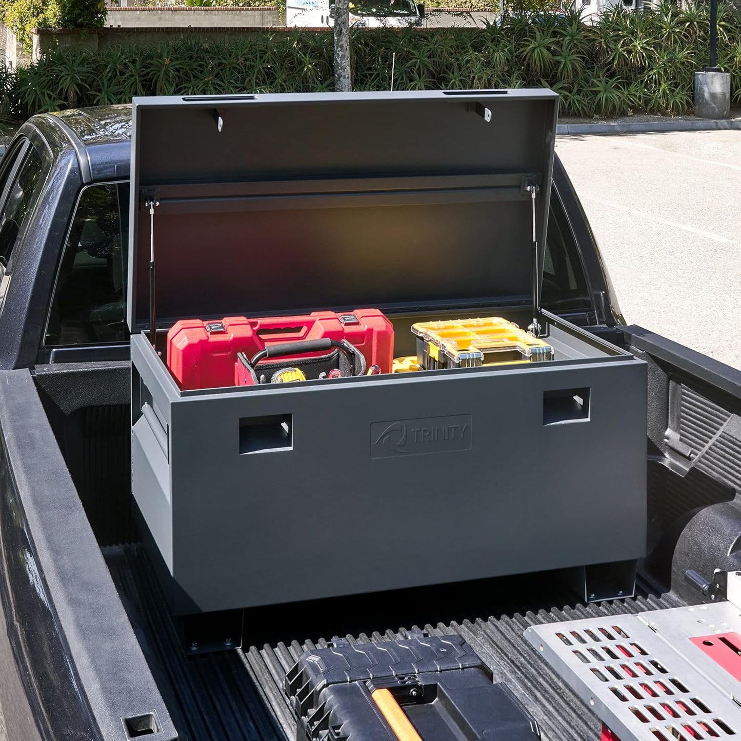 TRINITY Reinforced Steel Job Site Storage Box for Construction, Garages, Power Tools, Powder Coated Finish, 45 Inches, Gray