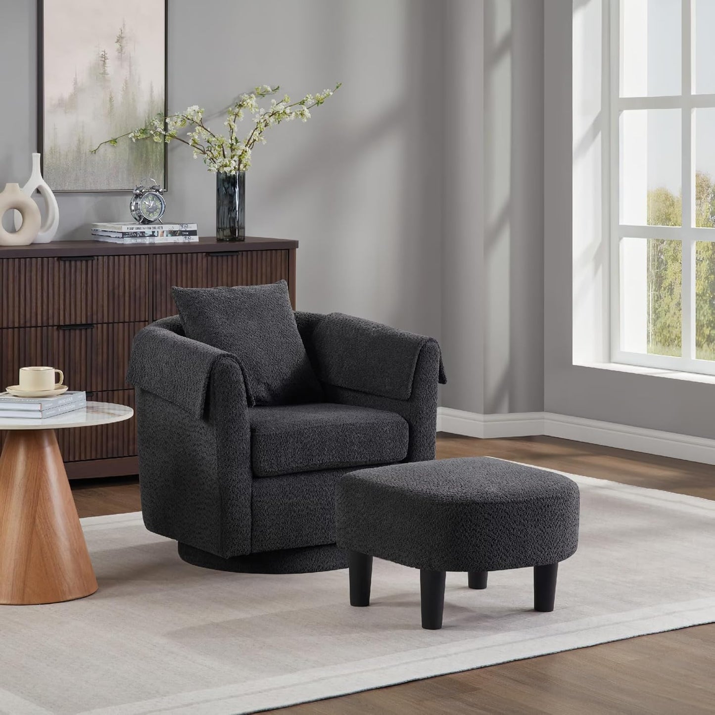 COMHOMA Swivel Accent Chair with Ottoman Set,Modern Chenille Barrel Armchair with Removable Back Pillow&2 Armrest Covers for Living Room,Bedroom,Office,Brown