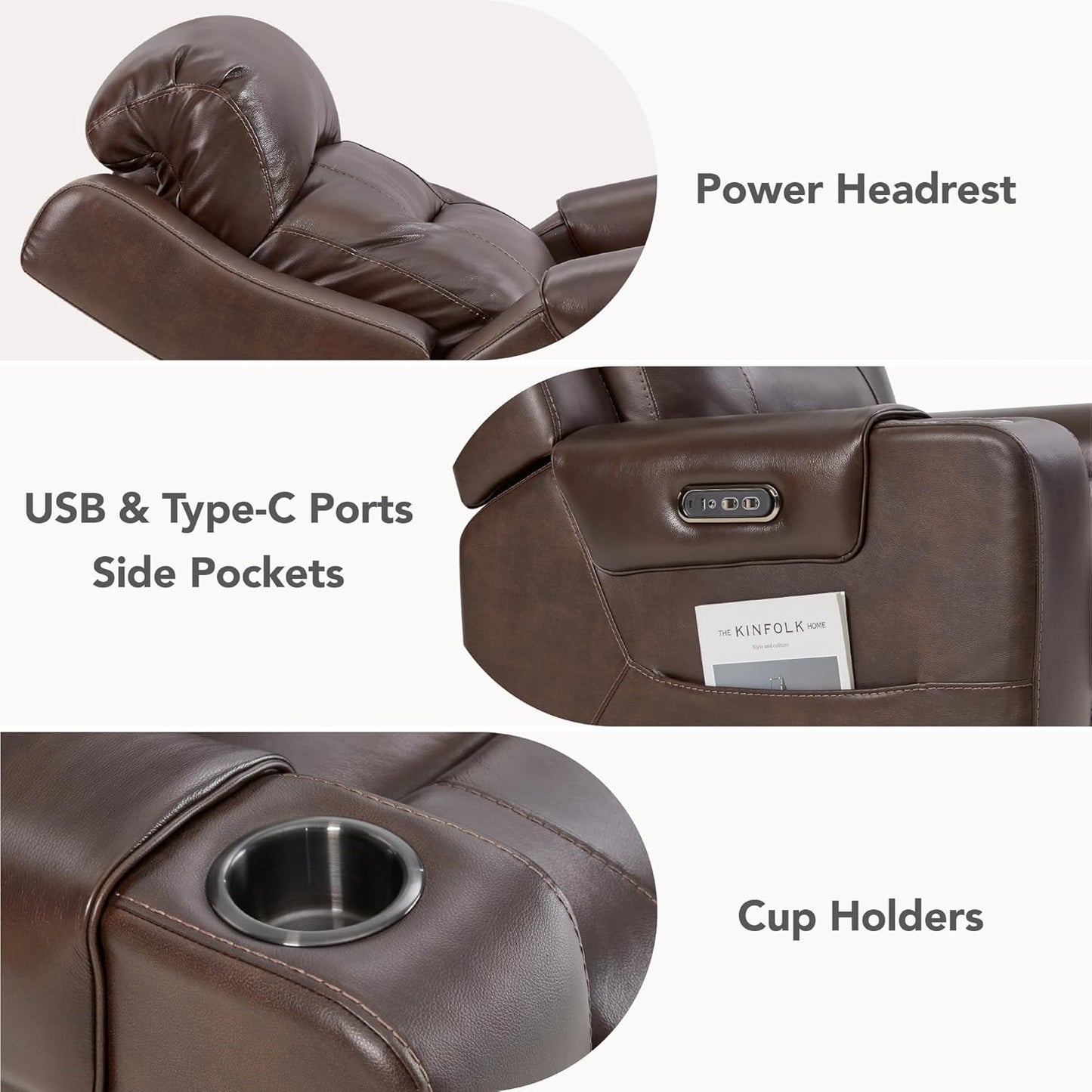 Watson & Whitely Genuine Leather Power Recliner Chairs for Adults, Lay Flat Recliner with Power Headrest, USB Ports and Cup Holders, Electric Reclining Sofa for Living Room, Bedroom, Dark Brown