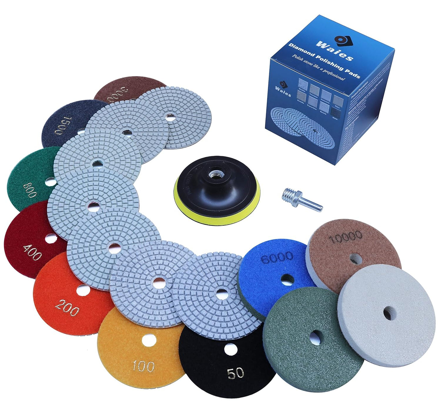 11 Packs 7 Inch Diamond Polishing Pads with 5/8"-11 Backer Pad 9 PCS Wet/Dry Polish Pad Kit for Drill Grinder Polisher 50-10000 Grit Pads for Marble Tile Quartz Granite Concrete Countertop