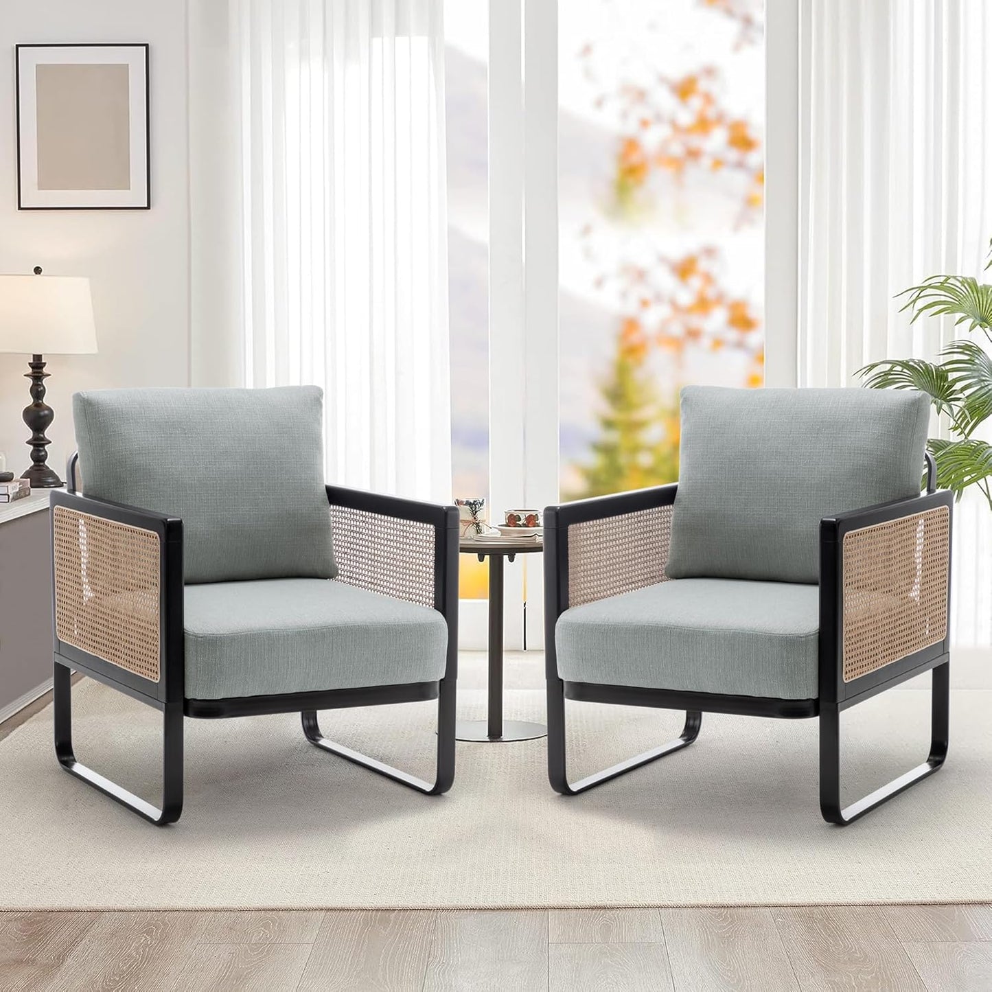 WENTMENT Rattan Accent Chairs Set of 2 Sofa Chair with Natural Rattan Armrest and Removable Backrest, Upholstered Living Room Chair Lounge Chair for Reception Room/Hosting Room/Bedroom(Grey)