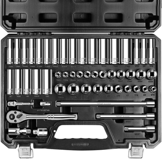 3/8" Drive Socket Set, 52-Piece SAE (3/16-9/16 in) and Metric (4-14 mm) Deep & Shallow Socket Kit, 90-Tooth Ratchet Wrench, 6-Point, Chrome Vanadium Steel Mechanic Tool Set
